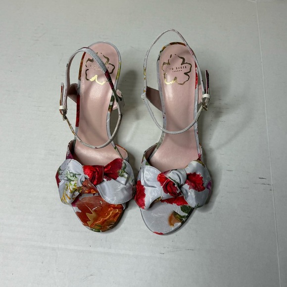 Ted Baker Ivory Neelia Floral Print Bow Heeled Sandals NEW Size 37.5 - US 7.5 - Picture 3 of 12